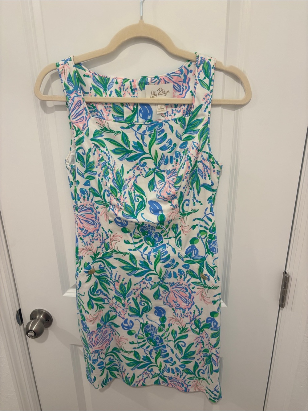 Lilly Pulitzer White Floral Print Sheath Dress with Blue, Green & Pink Accents